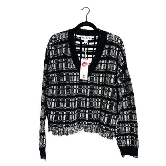 NWT‎ Wildfox Reese Ritzy Fringe Hem Sweater in Black and White V-Neck Size Large - Picture 2 of 11
